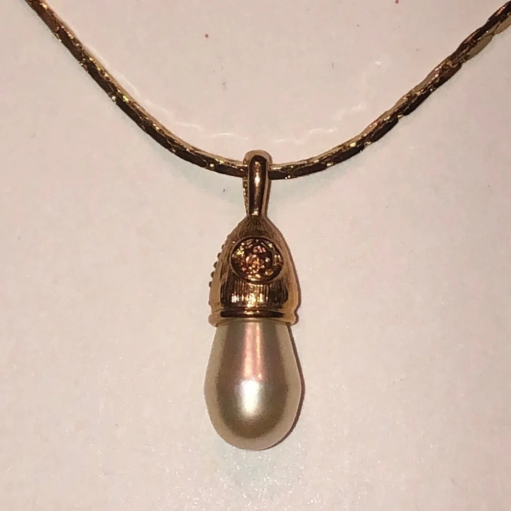 Crystaline Brand Gold Tone Faux Pearl CZ Rhinestone Pendant Necklace